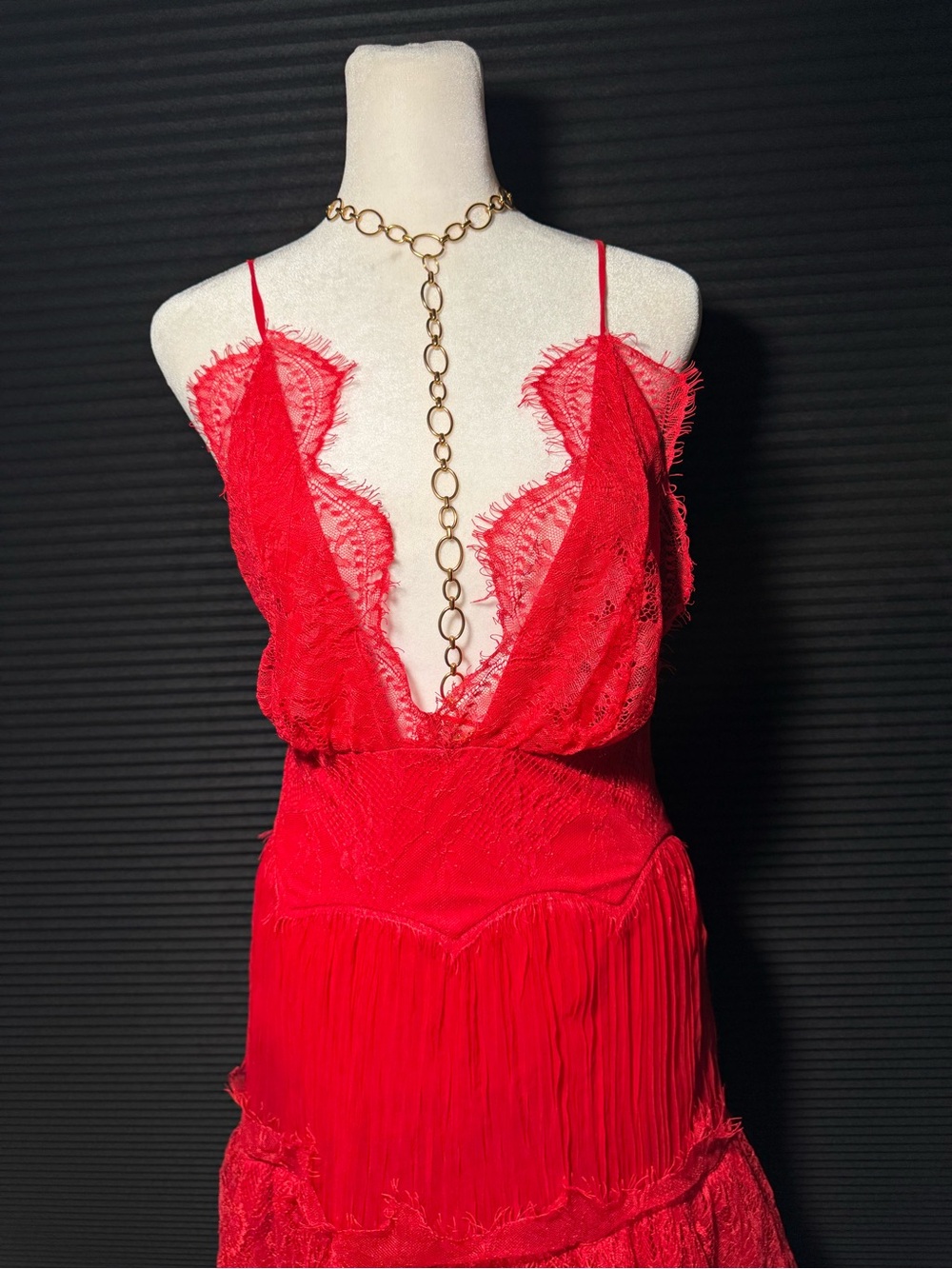 Luxxel Scarlet Red Lace Fringe Plunge Chemise